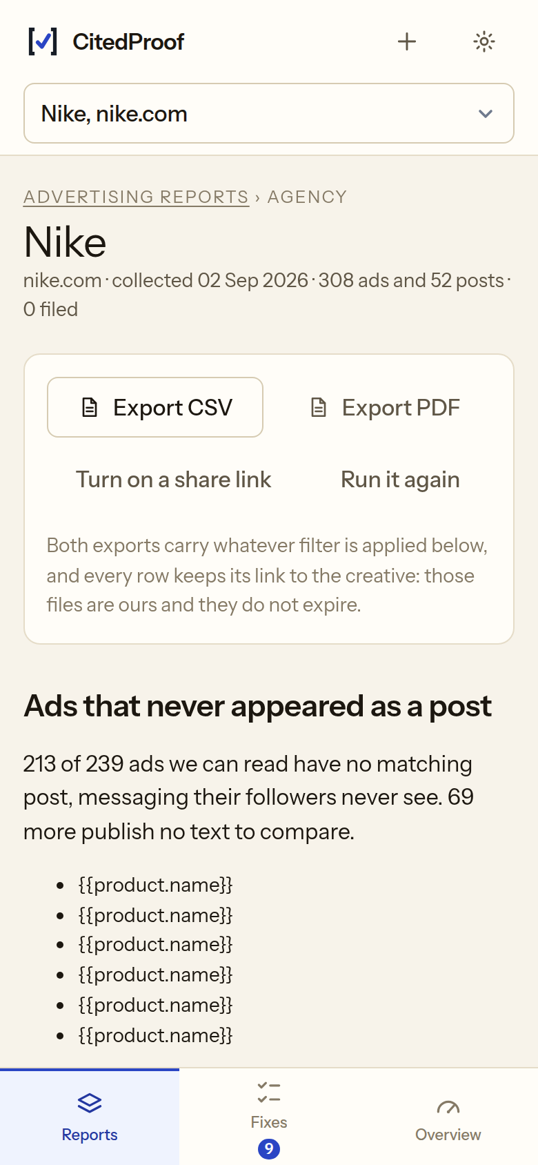 The same report on a phone: Nike and Adidas, 308 ads and 52 posts, with the export buttons and the written recommendations