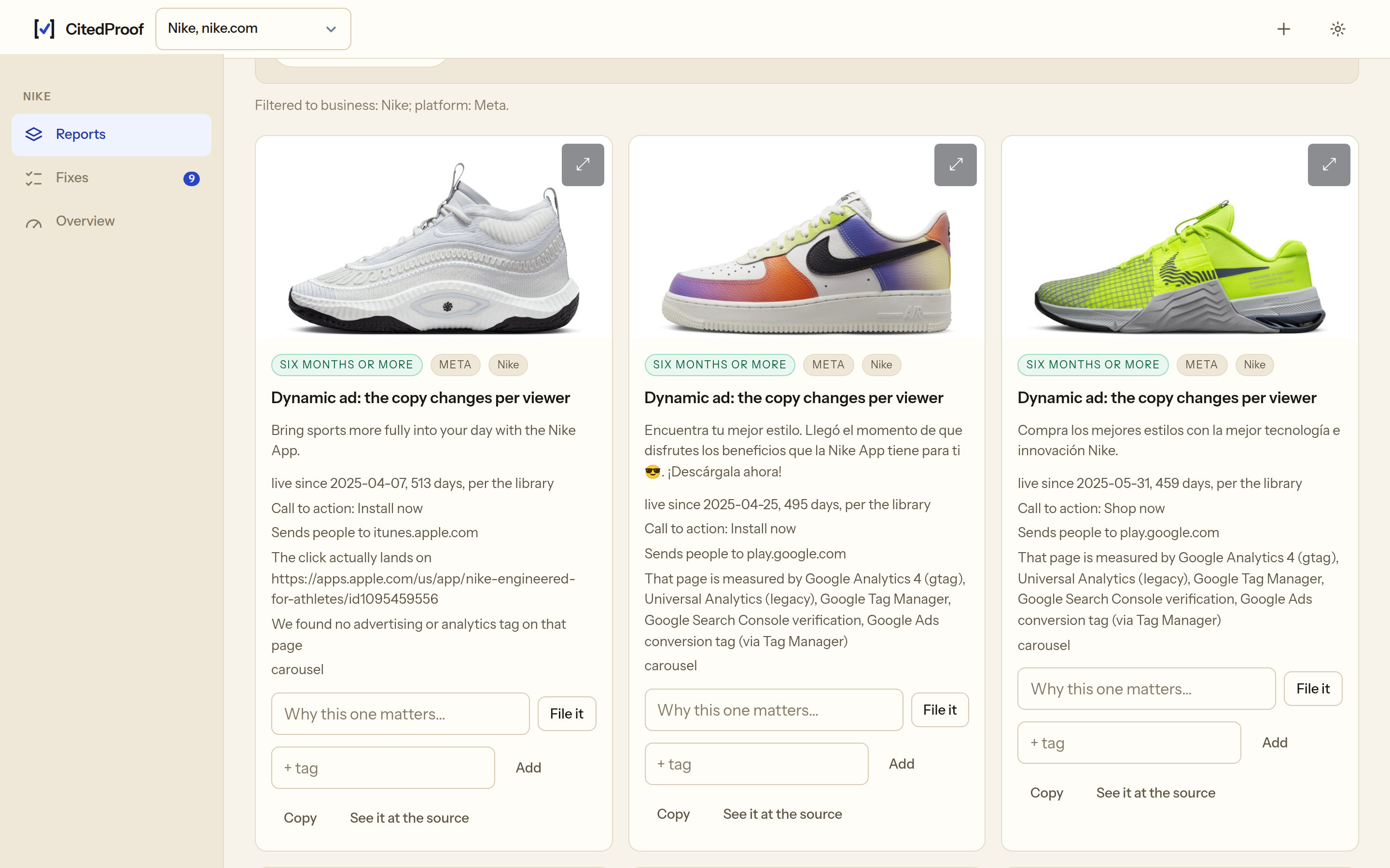 Nike's Meta ads from a CitedProof report on nike.com and adidas.com: the creatives, the copy, days live and where each ad ran